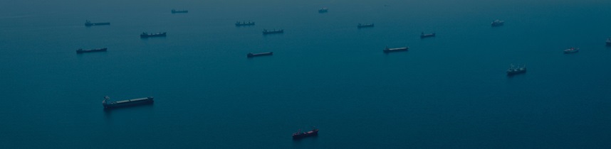 Aerial view of numerous cargo ships scattered across a vast blue sea, captured in low light conditions creating a moody atmosphere.