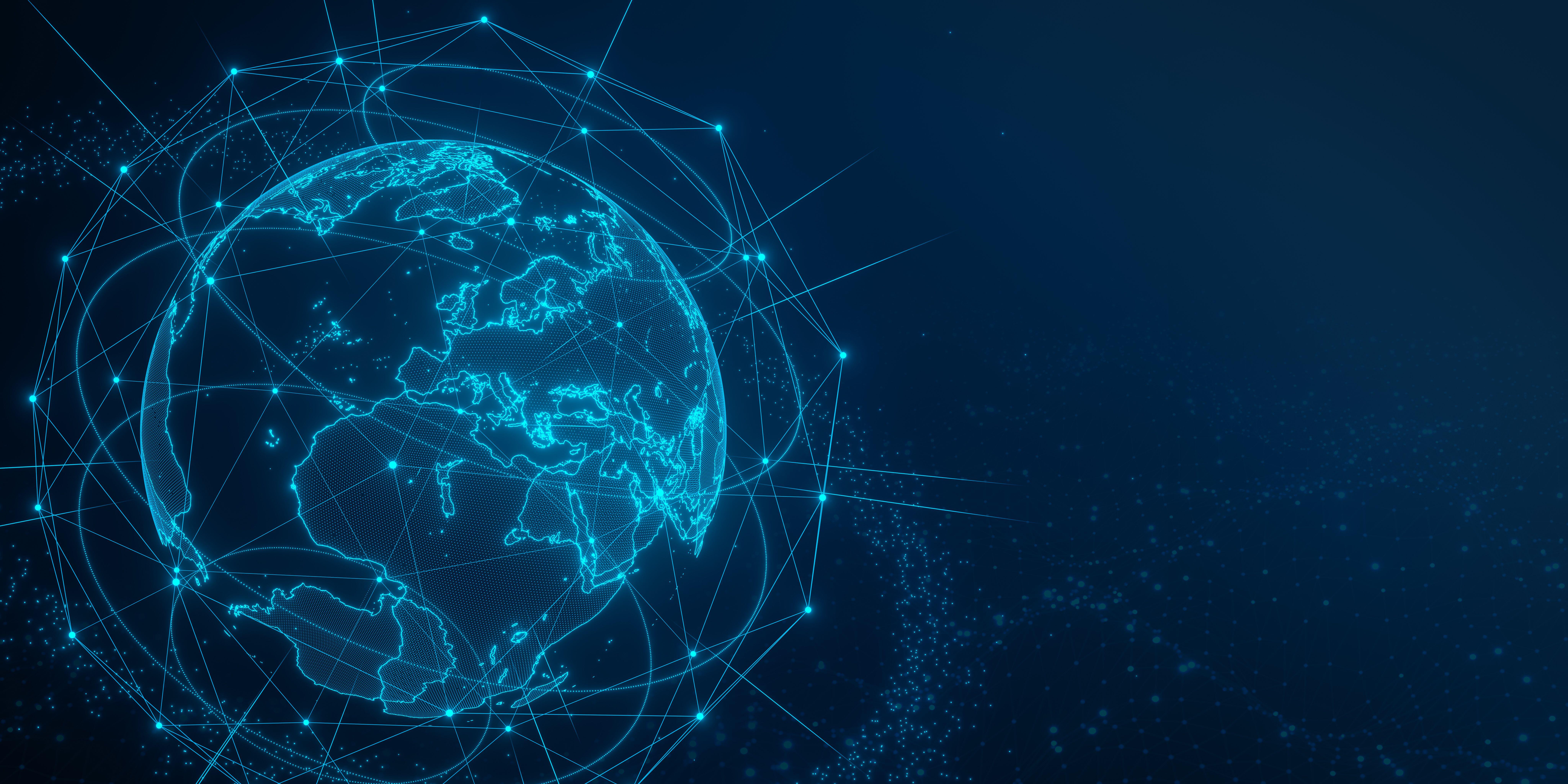 Digital blue wireframe globe with interconnected points and lines.