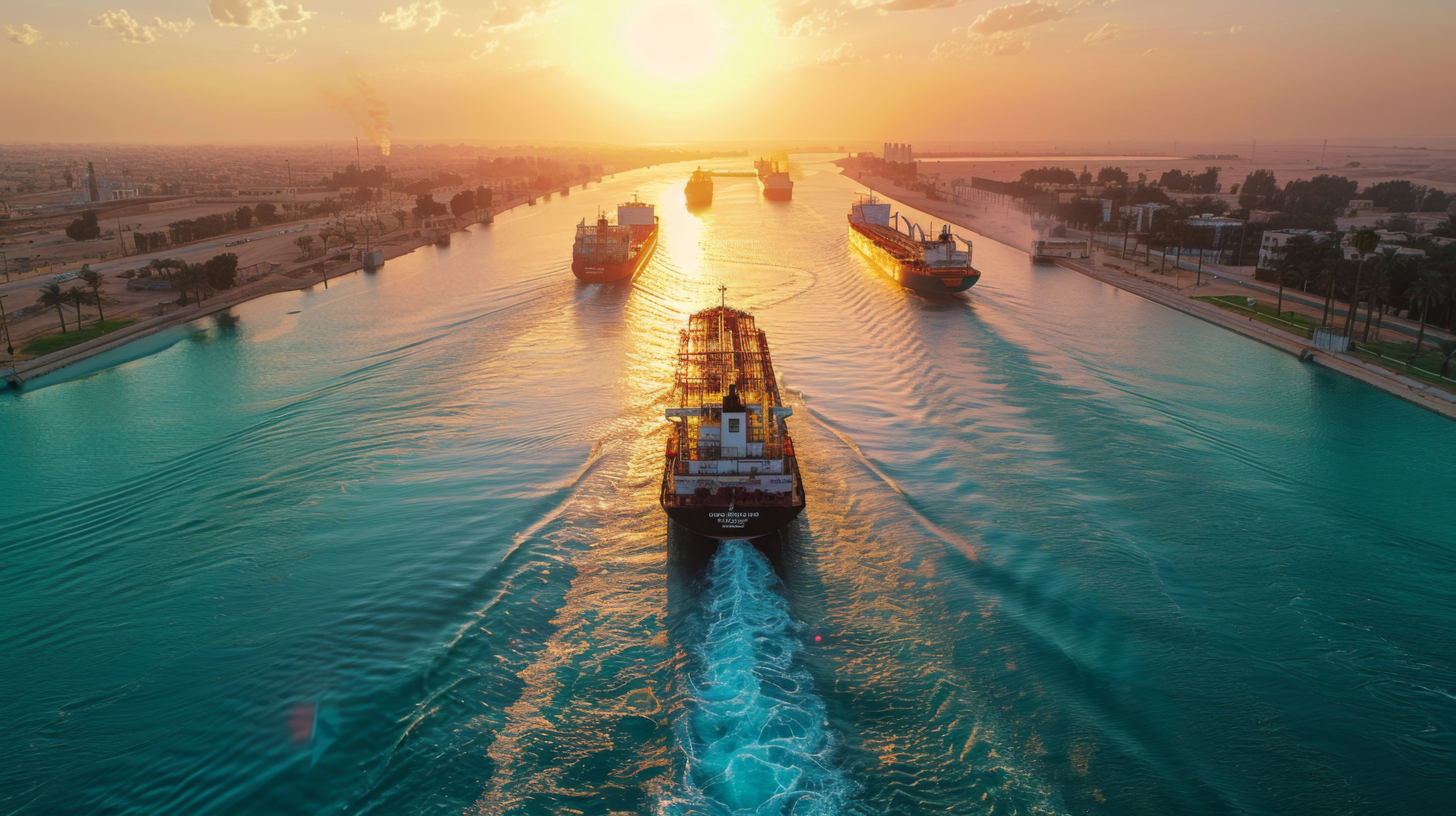 Cargo ships on sunset