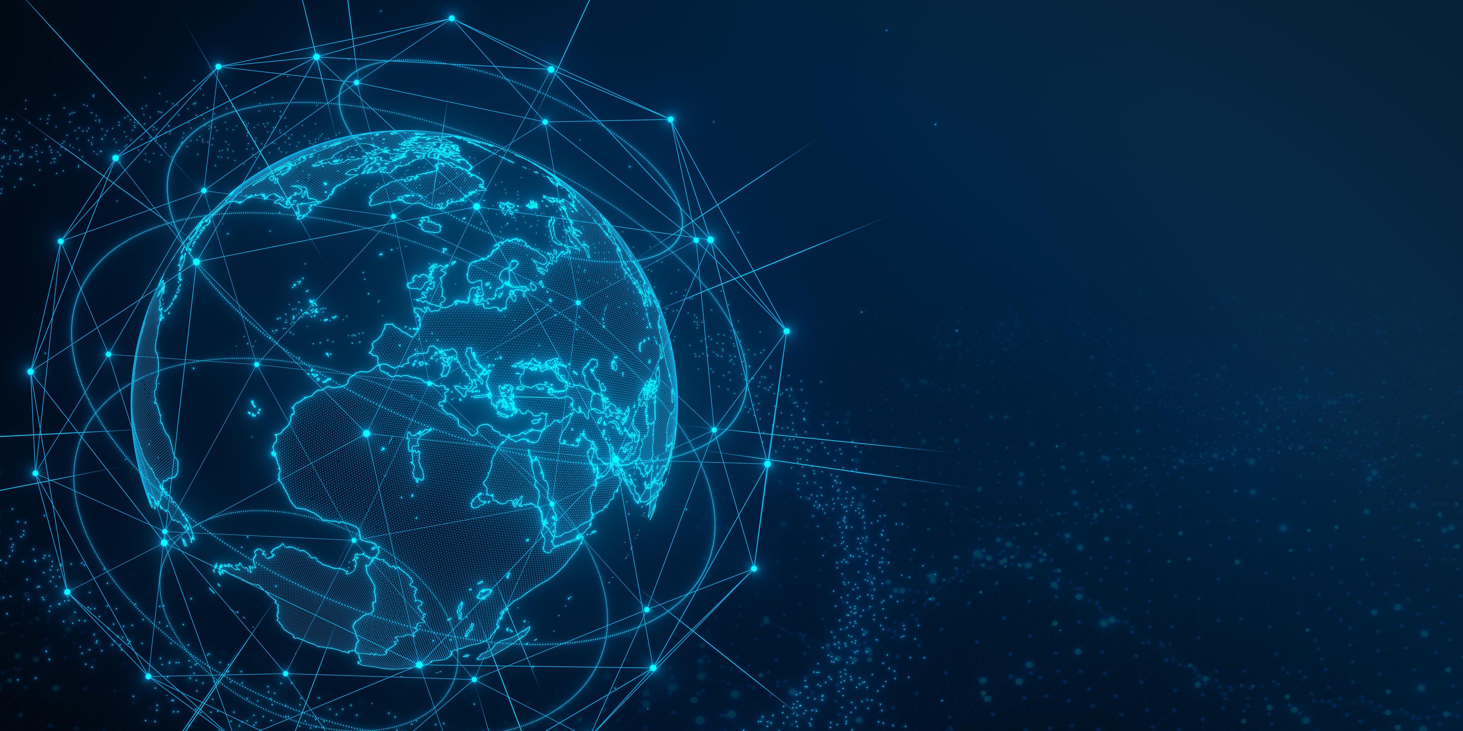 Digital representation of Earth with glowing blue lines and nodes forming a global network on a dark blue background.
