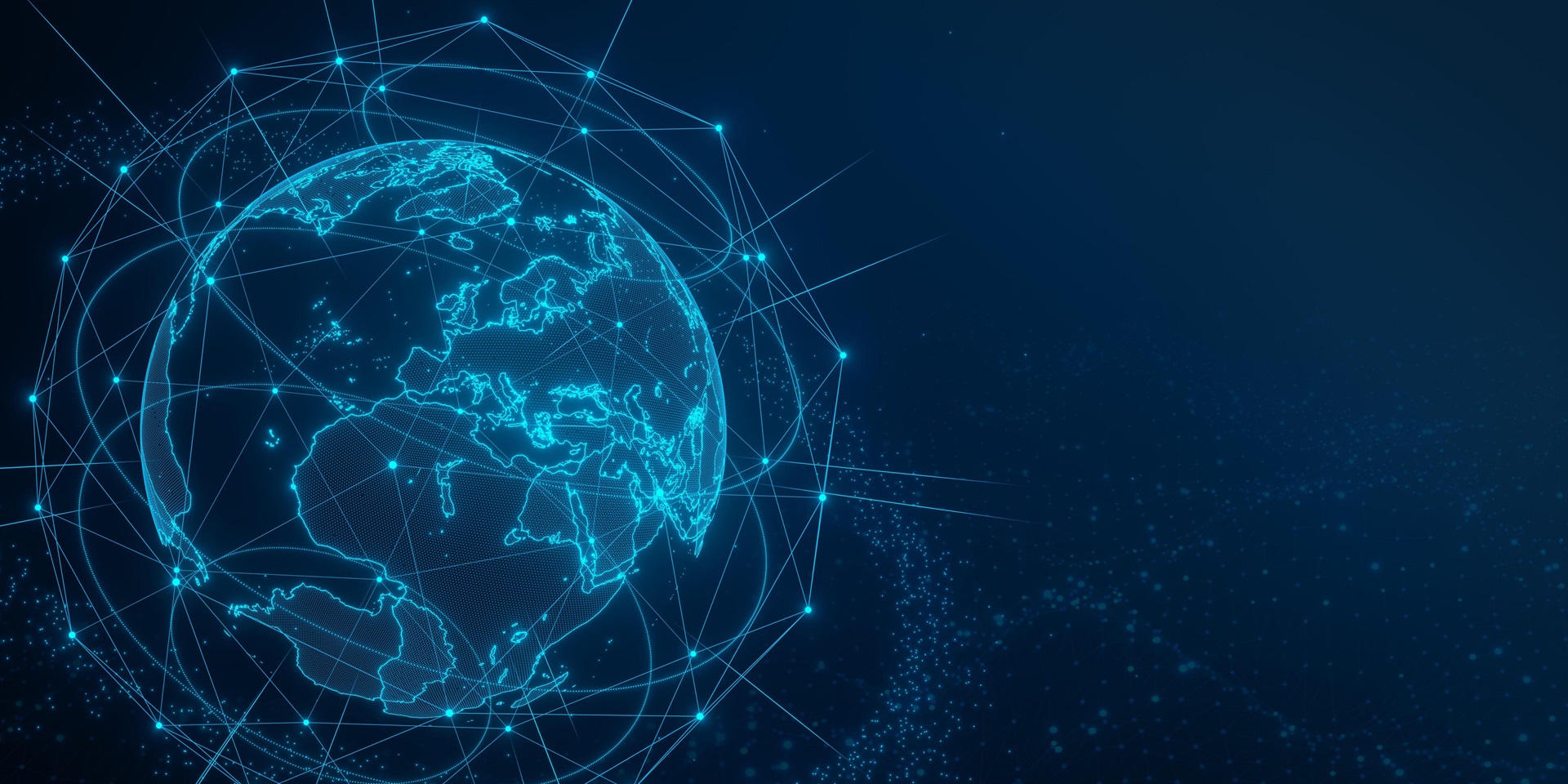 Digital representation of Earth with glowing blue lines and nodes forming a global network on a dark blue background.