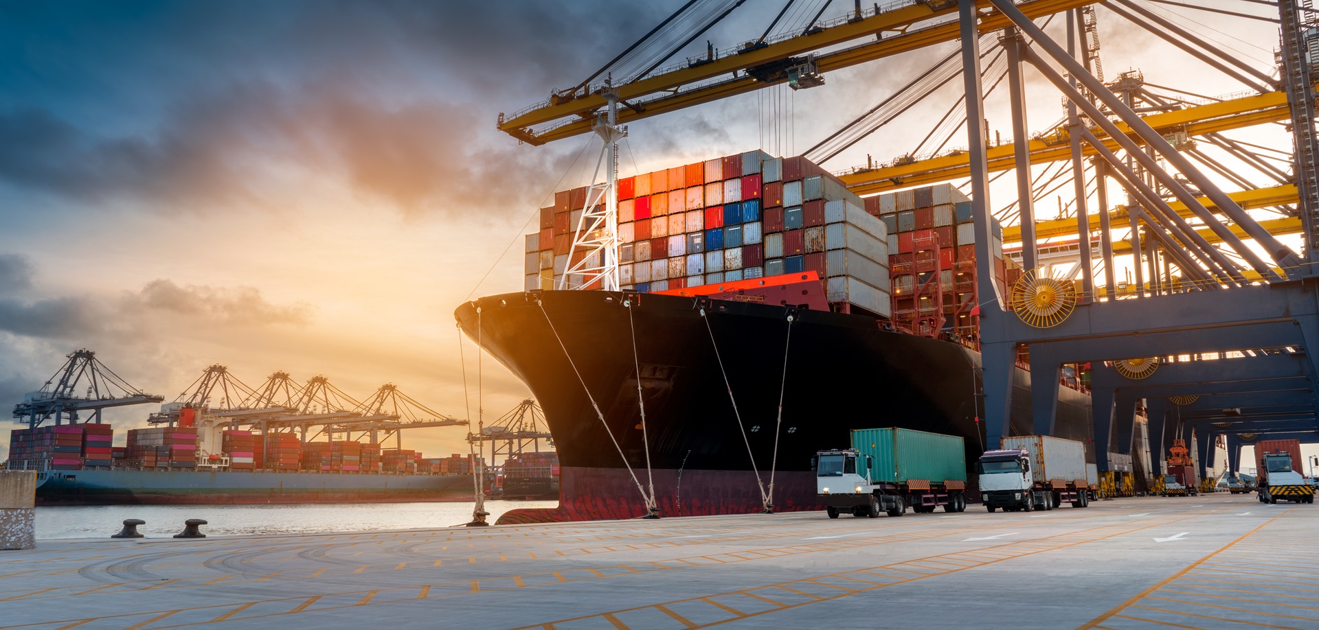 Container ship on a sunset