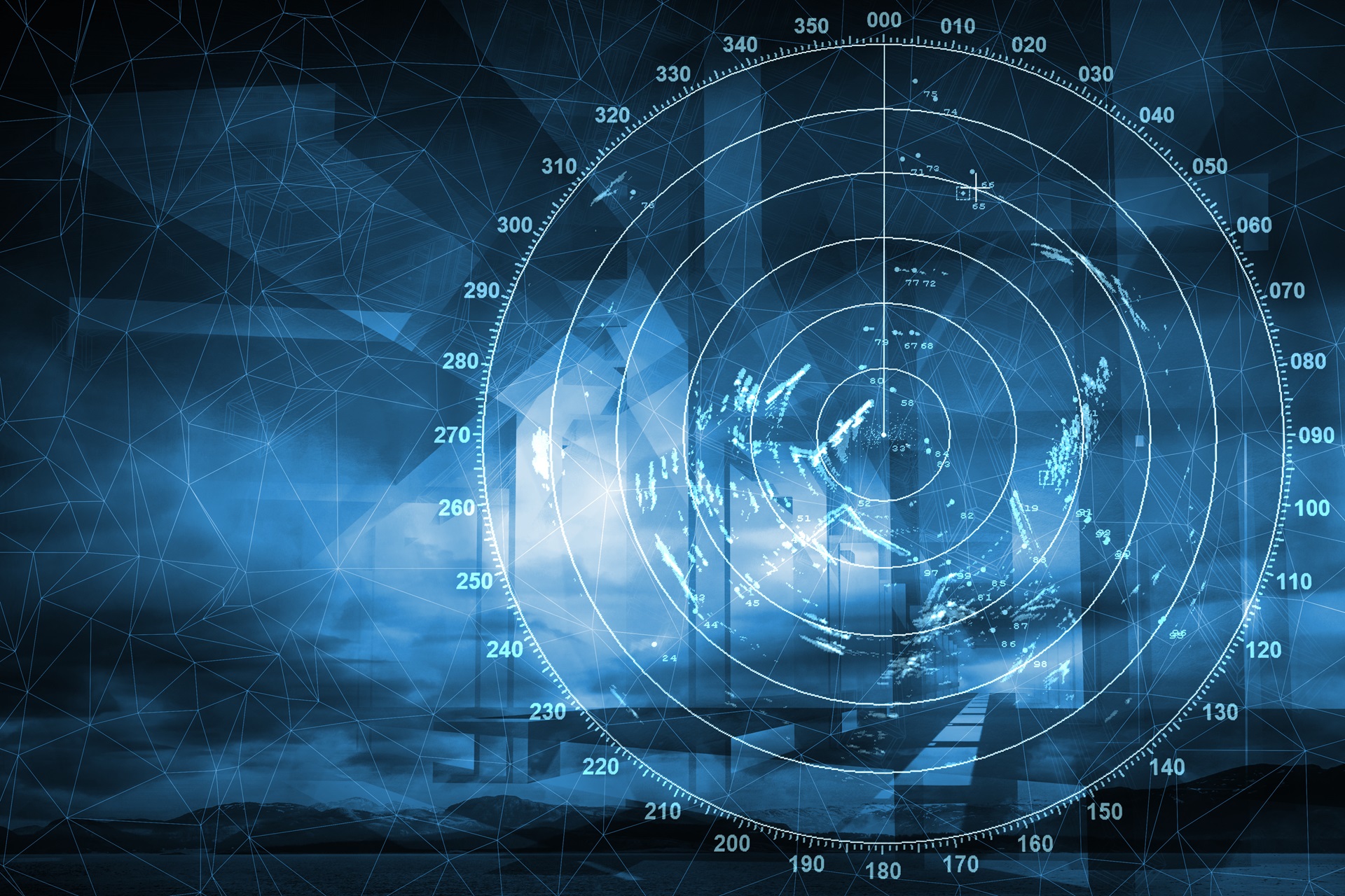 Radar screen displaying blips on blue background.
