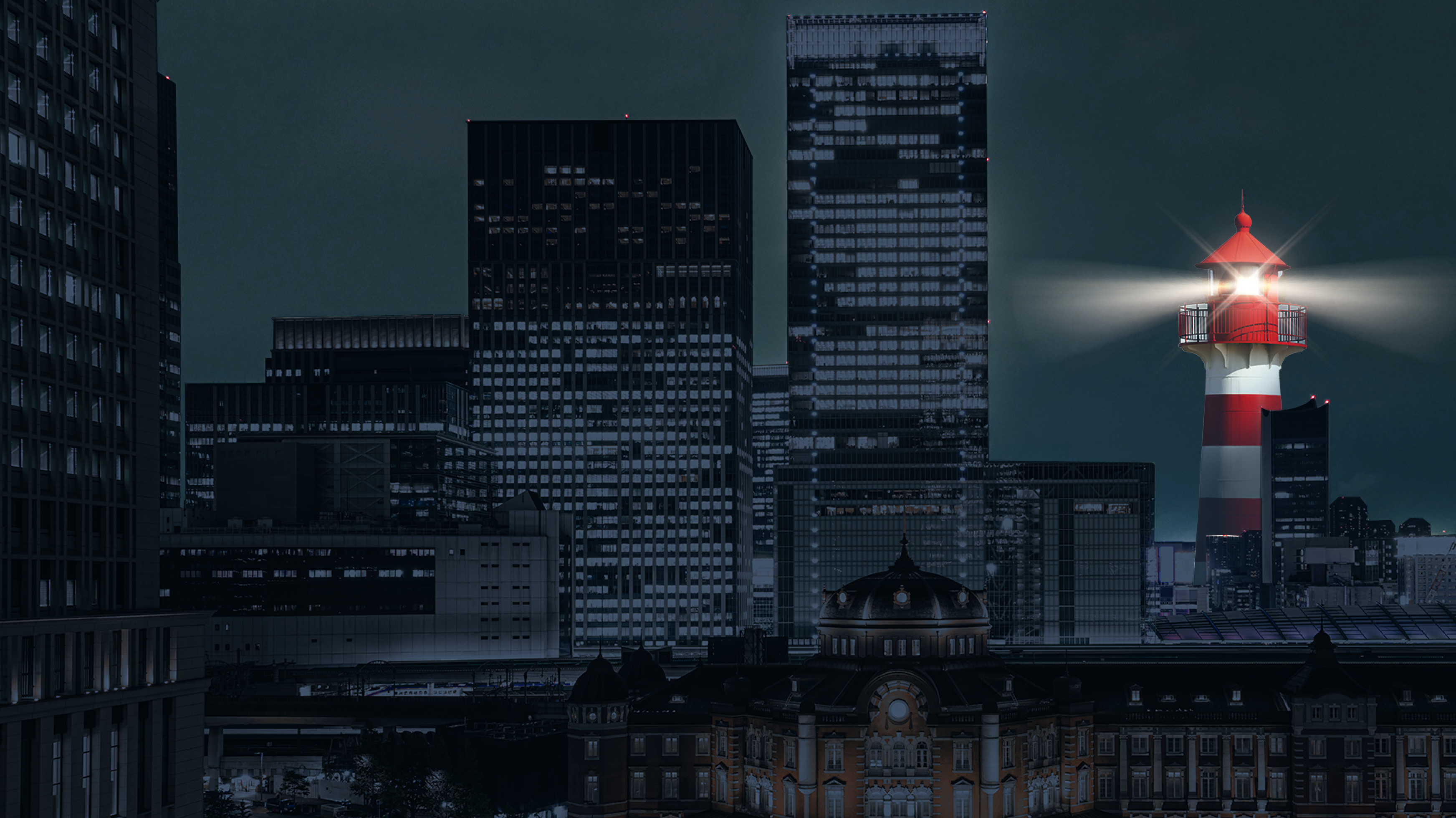 cityscape and lighthouse